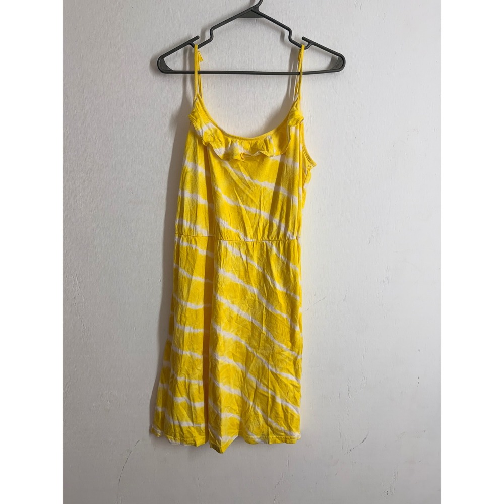 LOFT Yellow Tie Dye Ruffle Neck Sundress Women Medium Adjustable Strap Summer